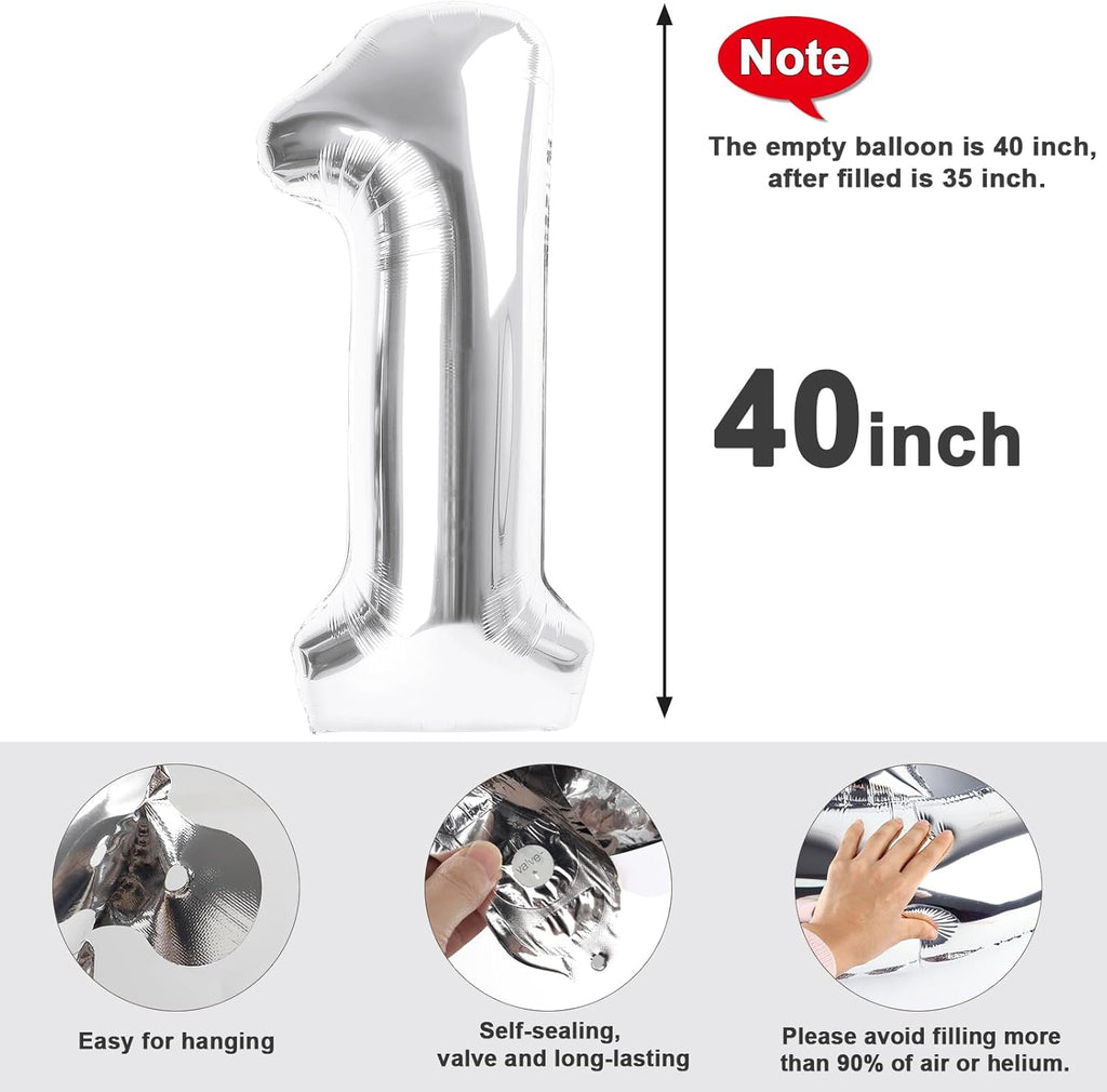 Number Balloons - 40 Inch Silver 1 Balloon for 1st Birthday Party Decorations & Baby Showers