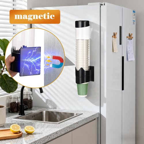 Samhe Upgraded Cup Dispenser, Wall Mount Pull Type Water Cooler Cup Holder for 9oz - 12oz Disposable Paper Plastic Cups for Home Office, with Magnetic Mounting Plate (Black)