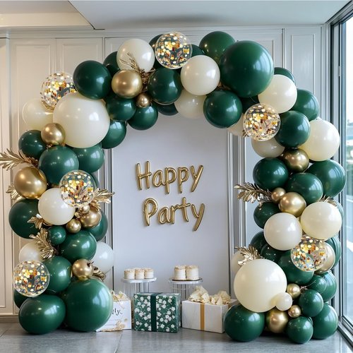Emerald Green and Gold Balloons Arch Kit, Double Stuffed Dark Hunter Forest Green Pearl Sand White Metallic Gold Balloons for Wedding First Communion Birthday Graduation Party Decorations