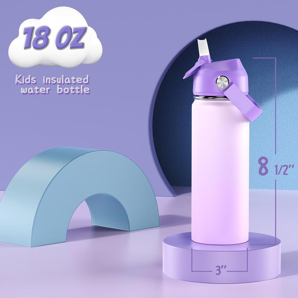 Skiennix 18oz Kids Insulated Water Bottle - BPA-Free Stainless Steel, Leak-Proof Tumbler (Purple)