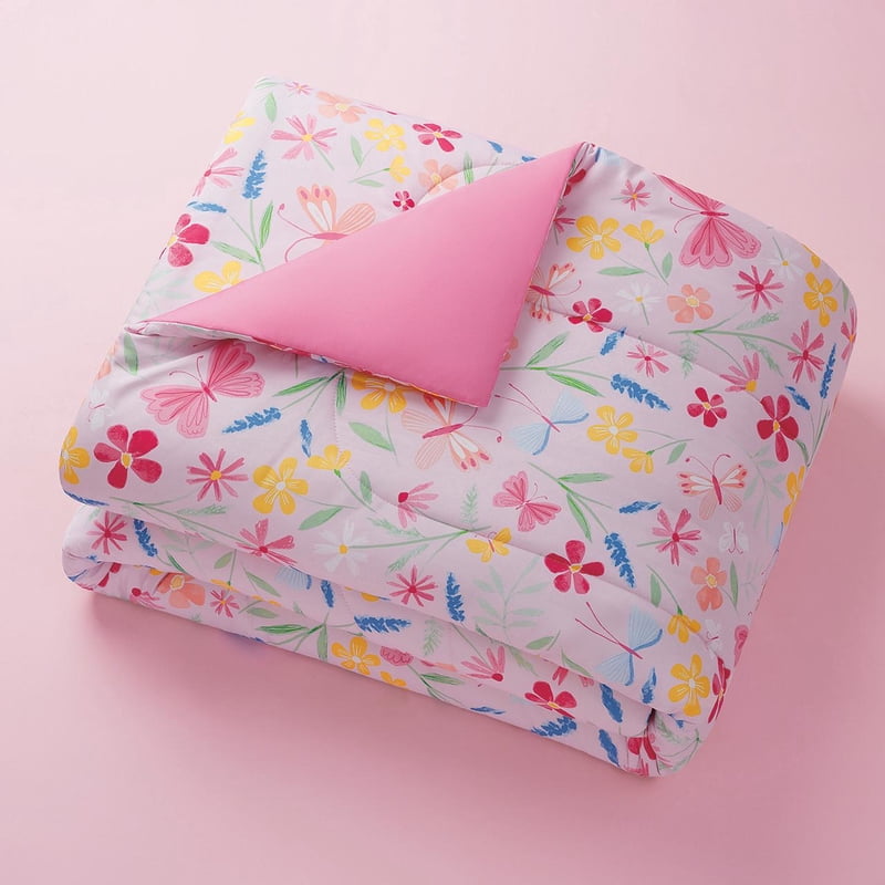 Twin Bed-in-a-Bag Set with Pink Wildflower Floral Pattern - Your Zone, 5 Pieces, Reversible