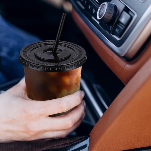 tchrules 50 Set 16oz Black Plastic Cups with Lids & Straws, Disposable Iced Coffee Cup with Lid, Round Bottom Plastic To Go Cups for Cold Drinks Slushie Smoothie Lemonade Soda Bar Party Shop Supplies