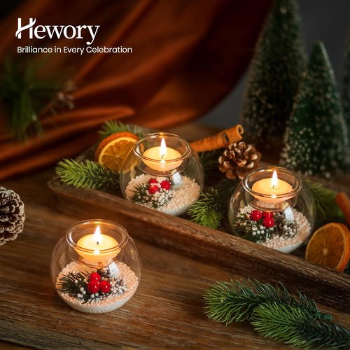 Hewory Christmas Tealight Candle Holders - Set of 6 Glass Holders with Red Berry & Pinecone Decor | Holiday Table Centerpieces