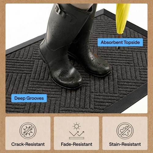 GORILLA GRIP Waterproof All-Season WeatherMAX Doormat - 72x24 Natural Rubber, Stain & Fade Resistant, Easy Clean, Gray Diamond