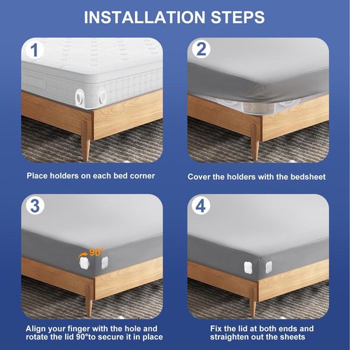 Ecohohoyyds Bed Sheet Holders for Corners: Fitted Bed Sheet Grippers with Twist-Lock Clips Keep Sheets Tight Heavy-Duty Grip Quick All Mattresses Easy Installation 4 Pack White