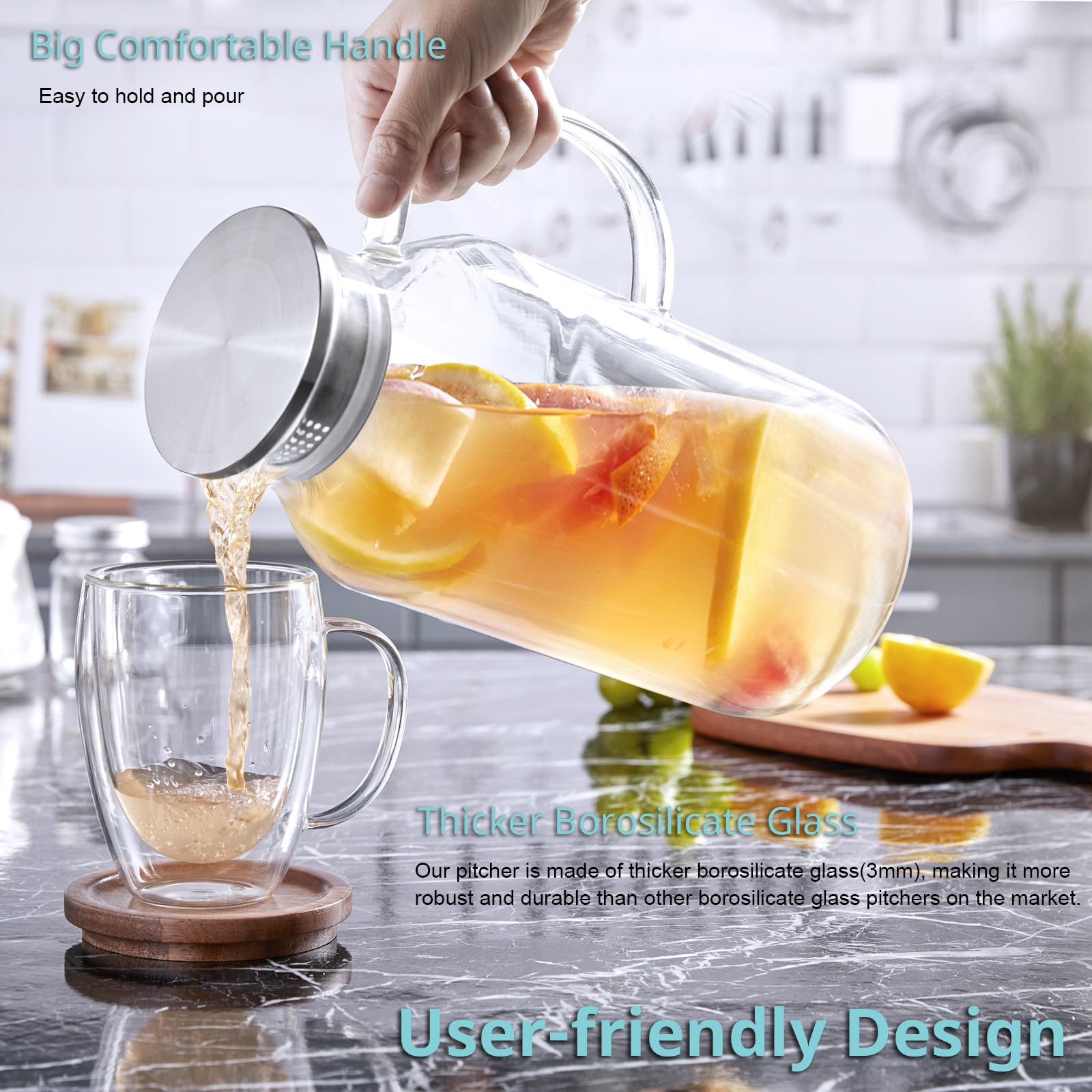Bivvclaz 2.6 Liter 88 oz Glass Pitcher with Lid and Handle, Glass Water Carafe for Hot/Cold Water, Iced Tea Pitcher, Large Pitcher for Coffee, Juice and Homemade Beverage
