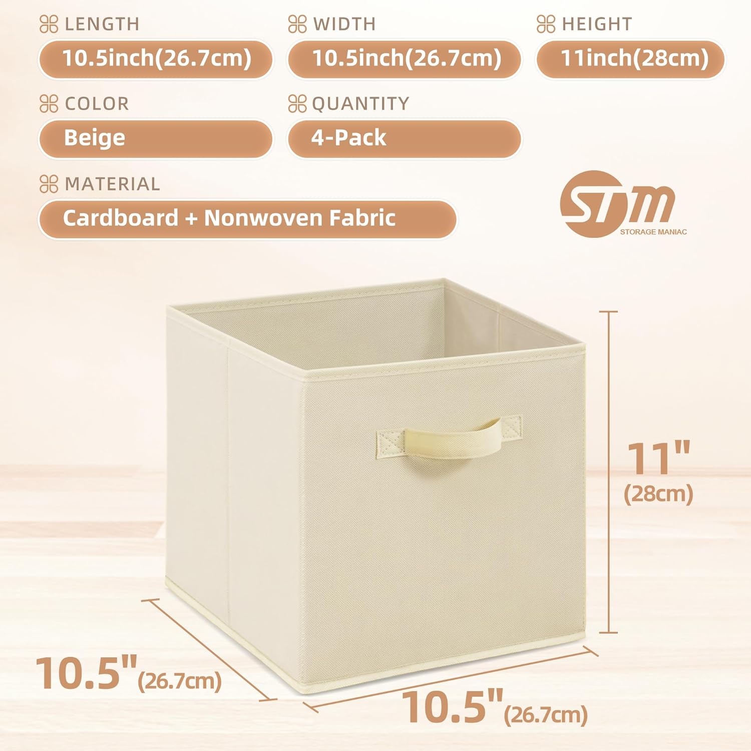 Storage Maniac Storage Cubes - 11-Inch Collapsible Bins with Handles | 4-Pack Beige Fabric Organizers