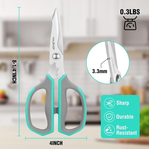 HAUSHOF Kitchen Scissors - Heavy Duty Stainless Steel Shears with Soft Grip | 8.25" U-Groove Design for Meat & Vegetables