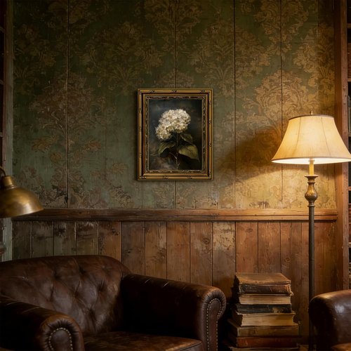 Framed White Hydrangea Oil Wall Art - Vintage Floral Canvas Print for Living Room | 12x16in