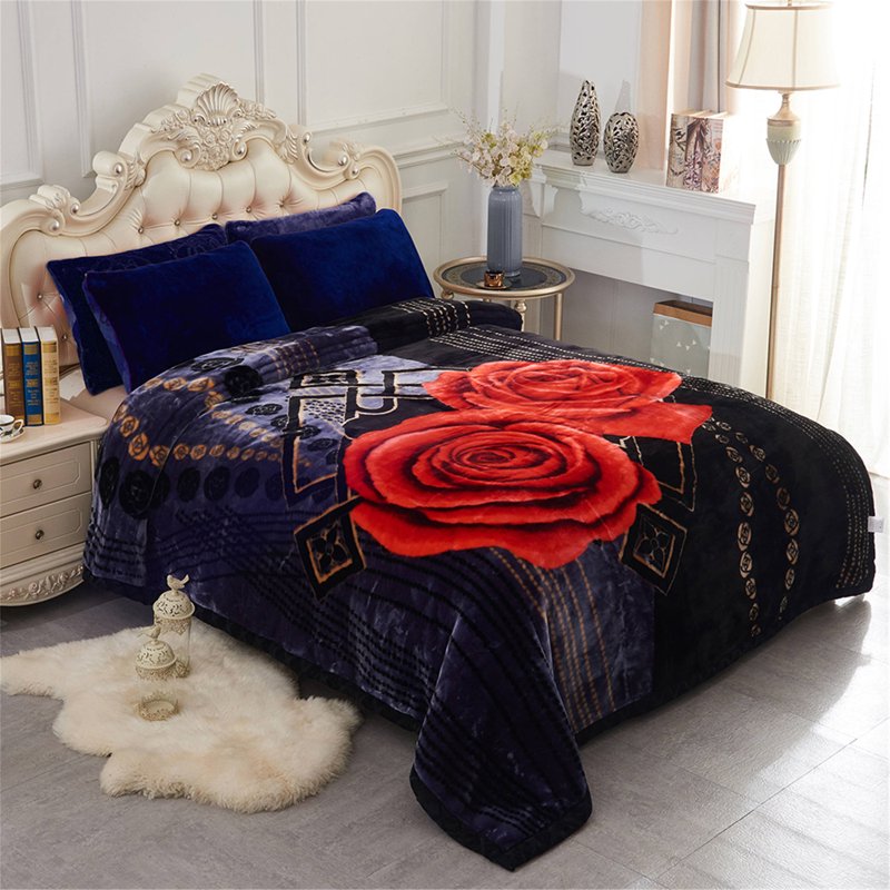 King Size Faux Mink Fleece Blanket - Heavy 10lbs Plush Bed Throw - Purple Black-Red Floral