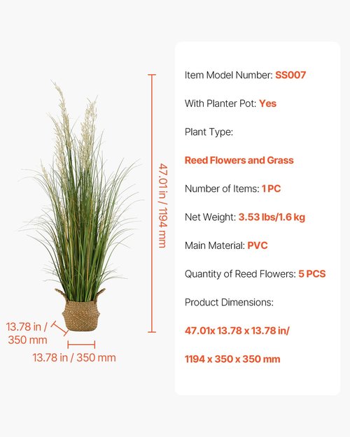 VEVOR Artificial Grass Plant, 47 inch Reed Flower Grass in Pot, Premium PVC Faux Fake Greenery Shrubs Plant for Indoor Outdoor House Home Garden Office Room Décor, Housewarming, 1 Pack Green