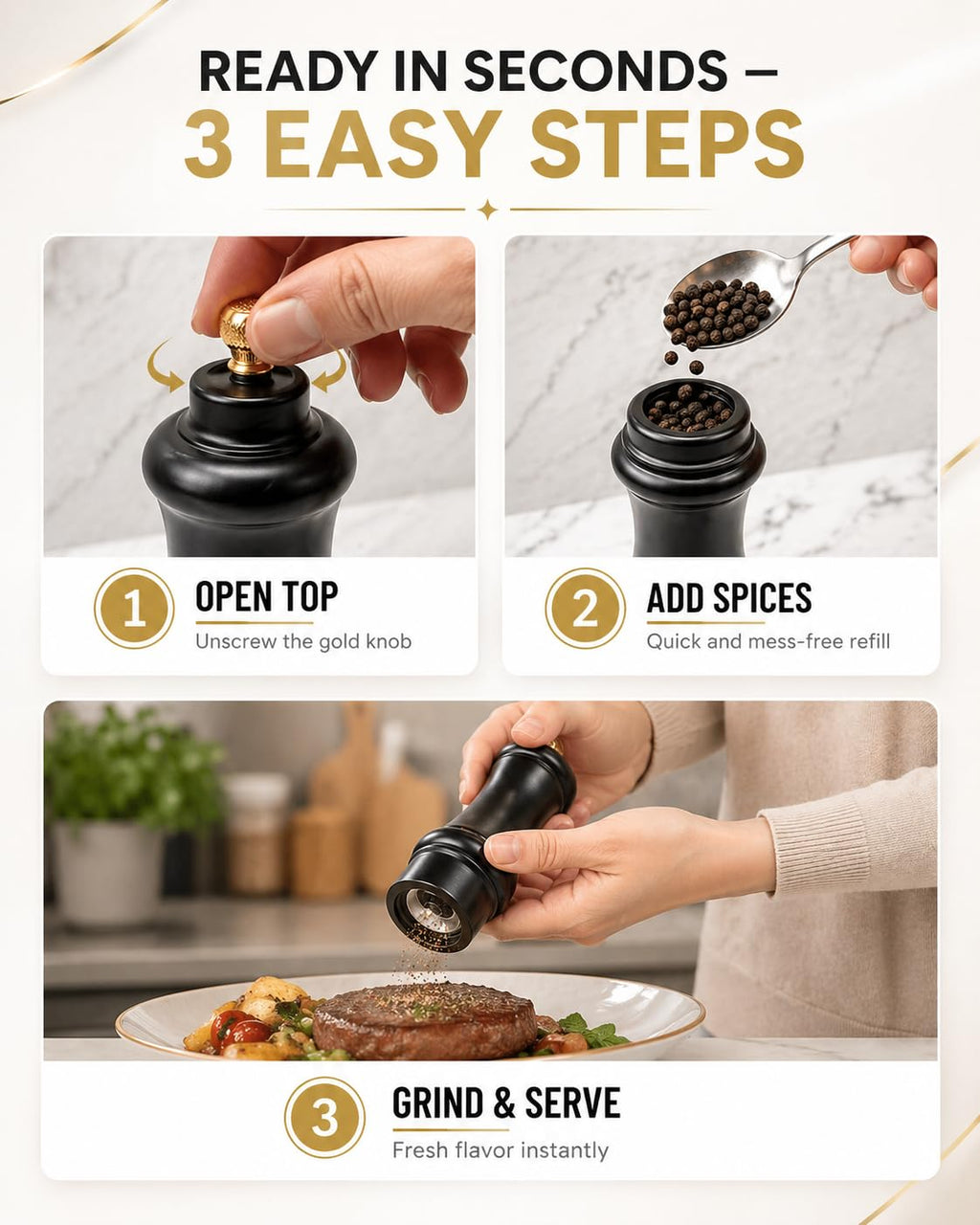 AAB Kitchen Tools Wooden Black and White Manual Refillable Large Salt and Pepper Grinder Set, Shaker with Adjustable Ceramic Grinding Mechanism for Customized Coarseness, 8 Inches, Pack of 2