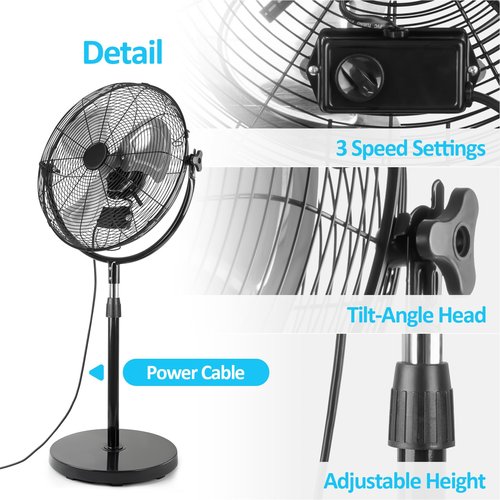 BEESTAR 20 Inch Heavy Duty High Velocity Pedestal Fan,Industrial Standing Fan with Adjustable Height and Tilt,3-Speed,Metal Fan for Industrial, Commercial, Residential, Greenhouse,Black