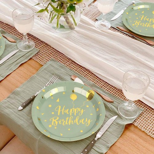 50 Pack Sage Green and Gold Happy Birthday Paper Plates, 7 inch Metallic Foil Polka Dots Disposable Dessert Party Supplies Plates for Graduation St Patricks Wedding Holiday Christma Party Decorations