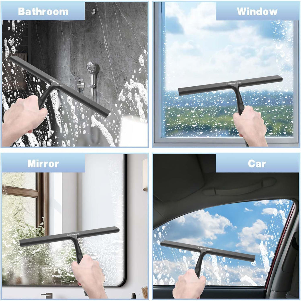 Skiennix Shower Squeegee - Silicone Window Cleaner Tool with Adhesive Hook | 10-Inch Black