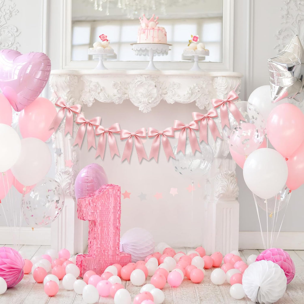 Skiennix 16PCS Pink Bow Garlands - Pre-Strung Satin Ribbon Ornaments for Celebrations & Events