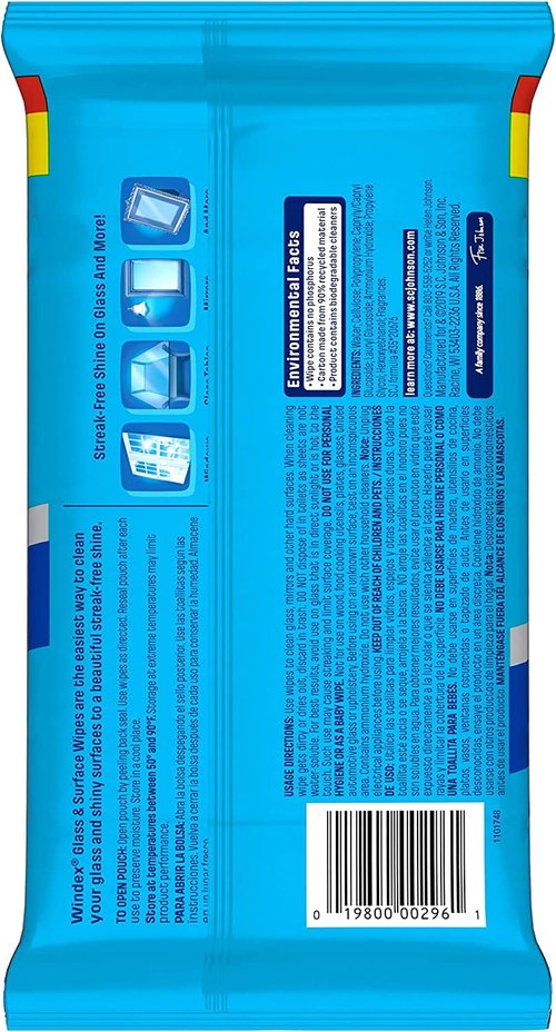 Windex Glass Cleaning Wipes, Pre-Moistened Glass and Surface Wipes to Clean Home Surfaces, Household Essentials, Original Scent, 38 Count (Pack of 6)