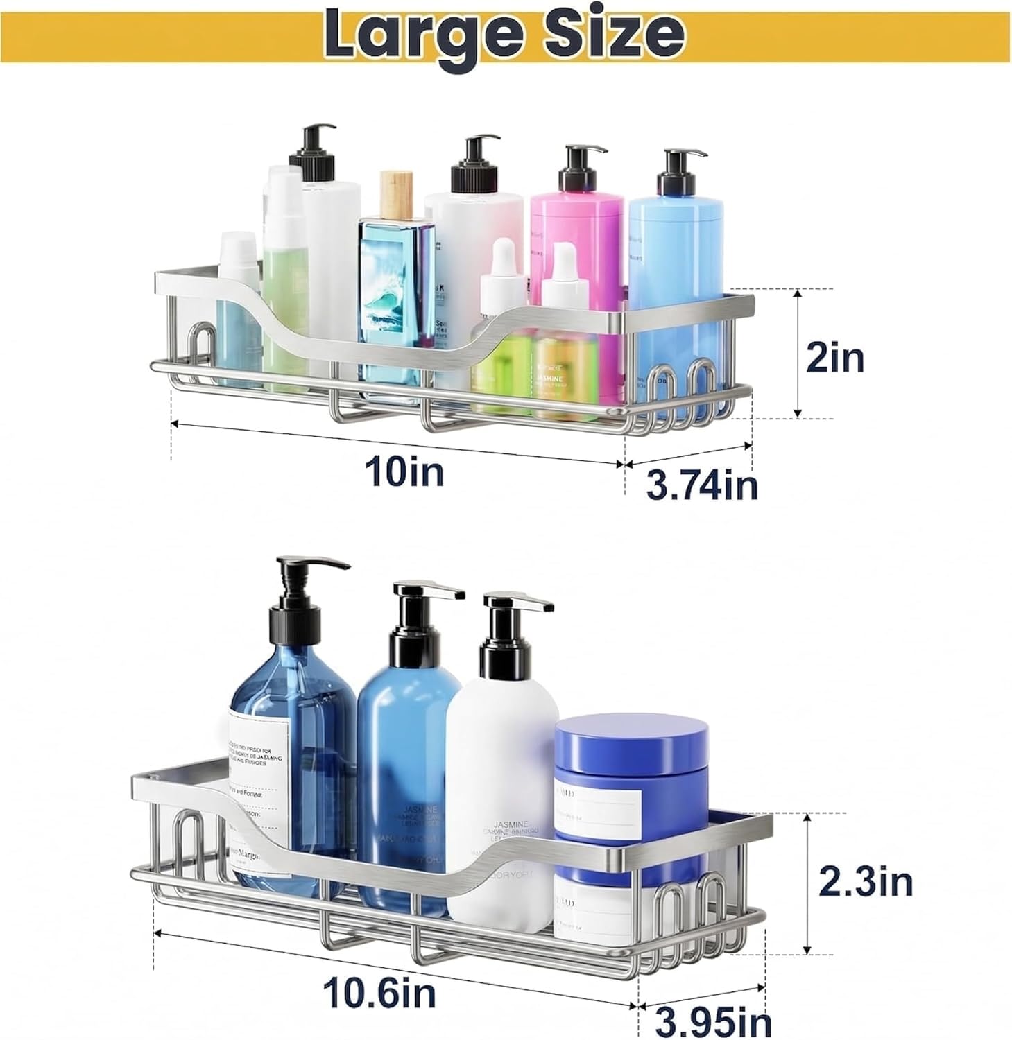 Omaira Shower Caddy - 3-Pack Rustproof No-Drill Organizer with Soap Holder for Smooth Walls | Silver (Large)