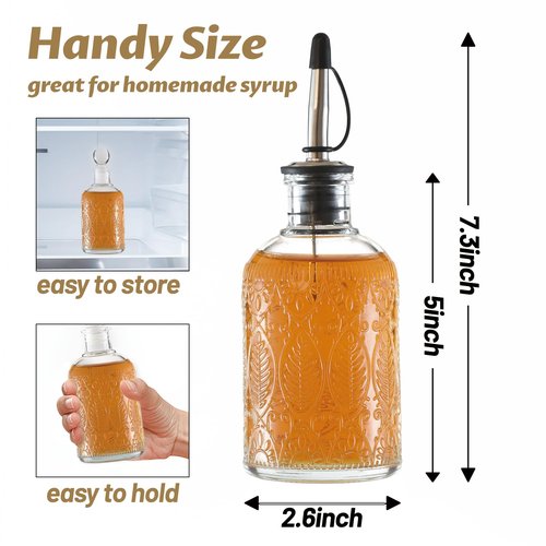 Wongblee Retro Glass Syrup Dispenser Bottle 7oz, Oil and Vinegar Cruet with Stainless Steel Pour Spout, Labels, Funnel & Stopper(Leaf)