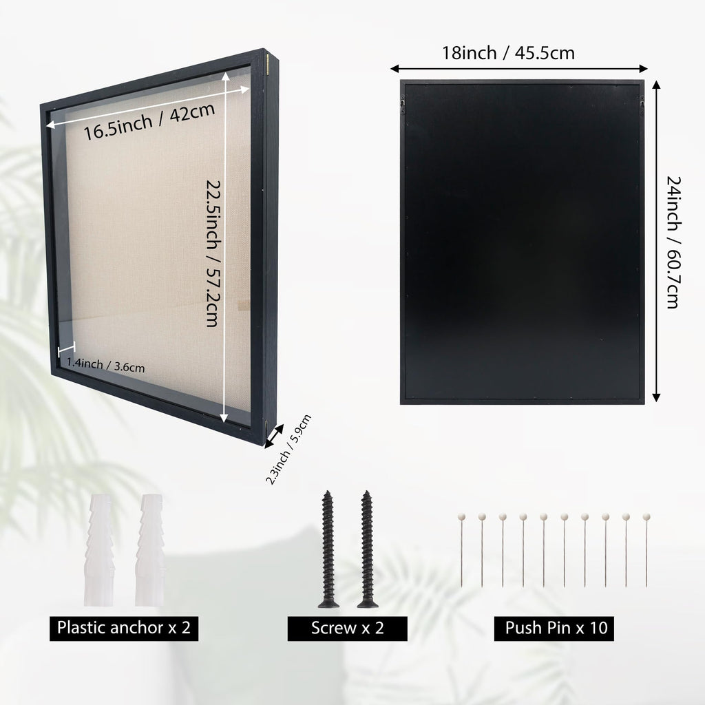 GraduationMall 18x24 Wood Shadow Box Frame Glass Door Display Case with Linen Back and 6 Stick Pins,1.5 inches Interior Depth,Ideal for Memorabilia Pictures Flowers Medals Tickets Rustic White