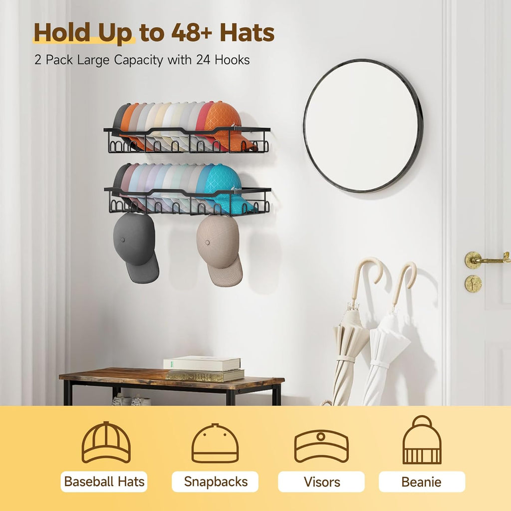 Nicetree Hat Racks - Metal Organizer for 48 Baseball Caps | 2-Pack Storage Solution in Black