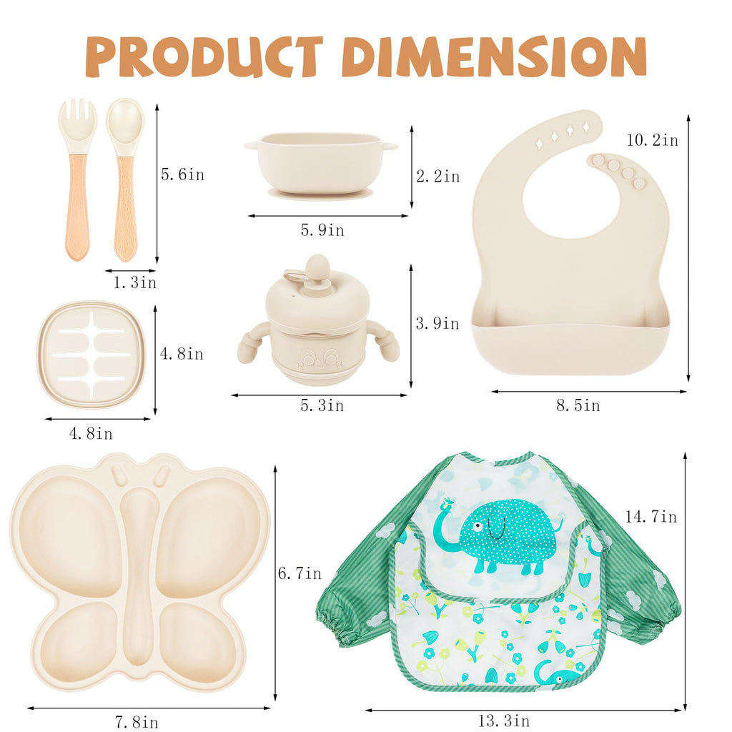 MIICASA Silicone Baby Feeding Set, Baby Led Weaning Supplies, Silicone Suction Butterfly Plate, Bowl, Spoons, Fork and Waterproof Bib & Cloth Bib, Eating Utensils Baby Feeding Essentials (Beige)
