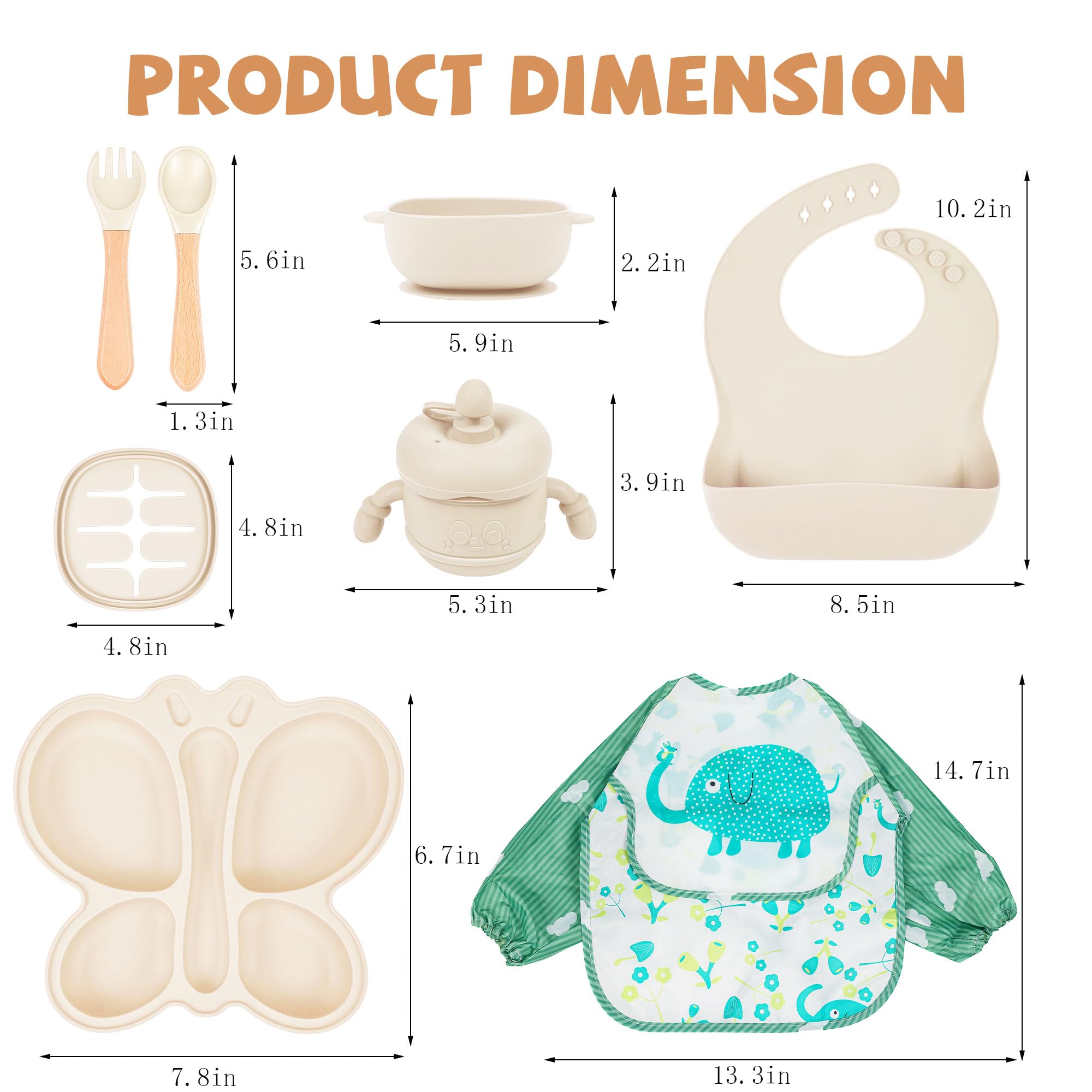 MIICASA Silicone Baby Feeding Set, Baby Led Weaning Supplies, Silicone Suction Butterfly Plate, Bowl, Spoons, Fork and Waterproof Bib & Cloth Bib, Eating Utensils Baby Feeding Essentials (Beige)