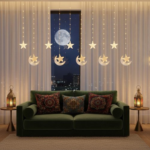 Fadraney Ramadan Curtain String Lights, 110 LED Warm White Window Lights with 10 Hanging Star & Moon Ornaments, 8 Modes Plug-in Star Moon Window Decor for Ramadan Eid Mubarak Home Balcony Mandir
