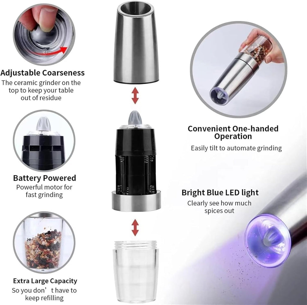 2 Pack Gravity Electric Pepper and Salt Grinder, Larger Capacity Stainless Steel Mill Grinder Battery Powered with LED Light, Adjustable Coarseness, One Hand Automatic Operation for Kitchen BBQ