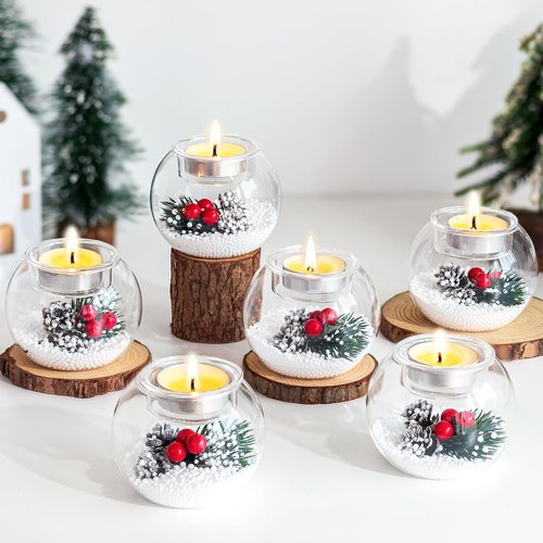 Hewory Christmas Tealight Candle Holders - Set of 6 Glass Holders with Red Berry & Pinecone Decor | Holiday Table Centerpieces