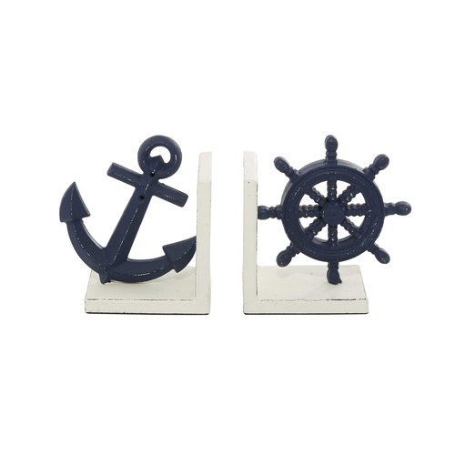 Deco 79 Metal Anchor and Ship Wheel Bookends, Set of 2 6"W, 6"H, Blue