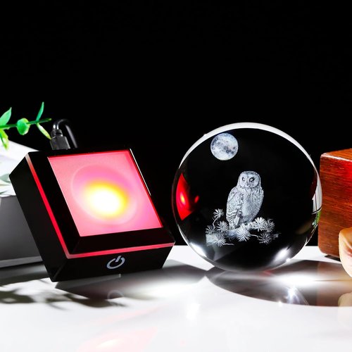 Arikyrist 3D Owl Crystal Ball Figurine - LED Base Night Light | Perfect Gift for Owl Lovers (80mm)