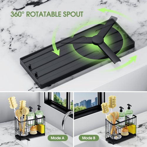 DYFVPOU Kitchen Sink Caddy, 2-Tier Self-Draining Sponge & Dish Brush Holder, Rustproof 304 Stainless Steel Space-Saving Organizer with Drying Tray, Black