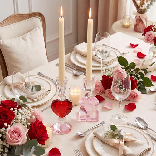 Reallnaive 2 Pcs Heart Cut Glass Candle Holders Valentine's Day Decorative Candlestick Holders 6.7" 8.9" Tapered Candle Stand Wide Base Table Centerpiece Decor for Wedding Christmas Holiday Decoration