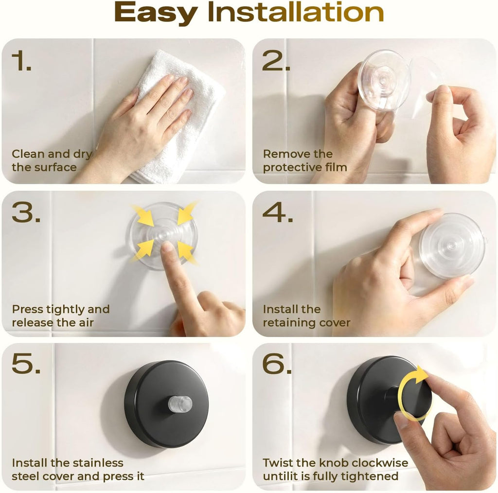 Skiennix Heavy-Duty Suction Cup Hooks - Removable Towel & Loofah Holders for Shower | 4 Pack, Black