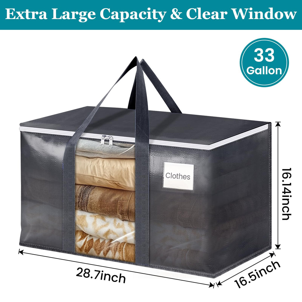 HomeHacks 10 Pack Extra Large Moving Bags with Visual PVC Window & Zippers, Storage Totes with Reinforced Handles, Heavy Duty Storage Bags for Packing, Moving, Storage (125L,Grey)