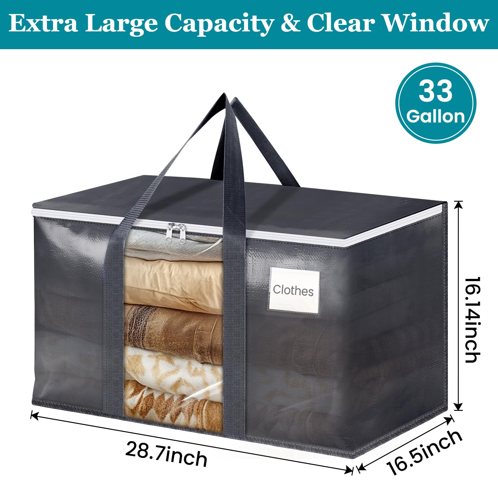 HomeHacks 10 Pack Extra Large Moving Bags with Visual PVC Window & Zippers, Storage Totes with Reinforced Handles, Heavy Duty Storage Bags for Packing, Moving, Storage (125L,Grey)