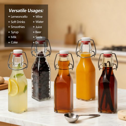 Ruckae Square Swing Top Glass Bottles with Lids Kombucha Coquito Flip Top Glass Bottle for Syrup Vanilla Extract Brew Beer Kefir Air Tight Bottles for Gift (8.5 oz 12 pack)