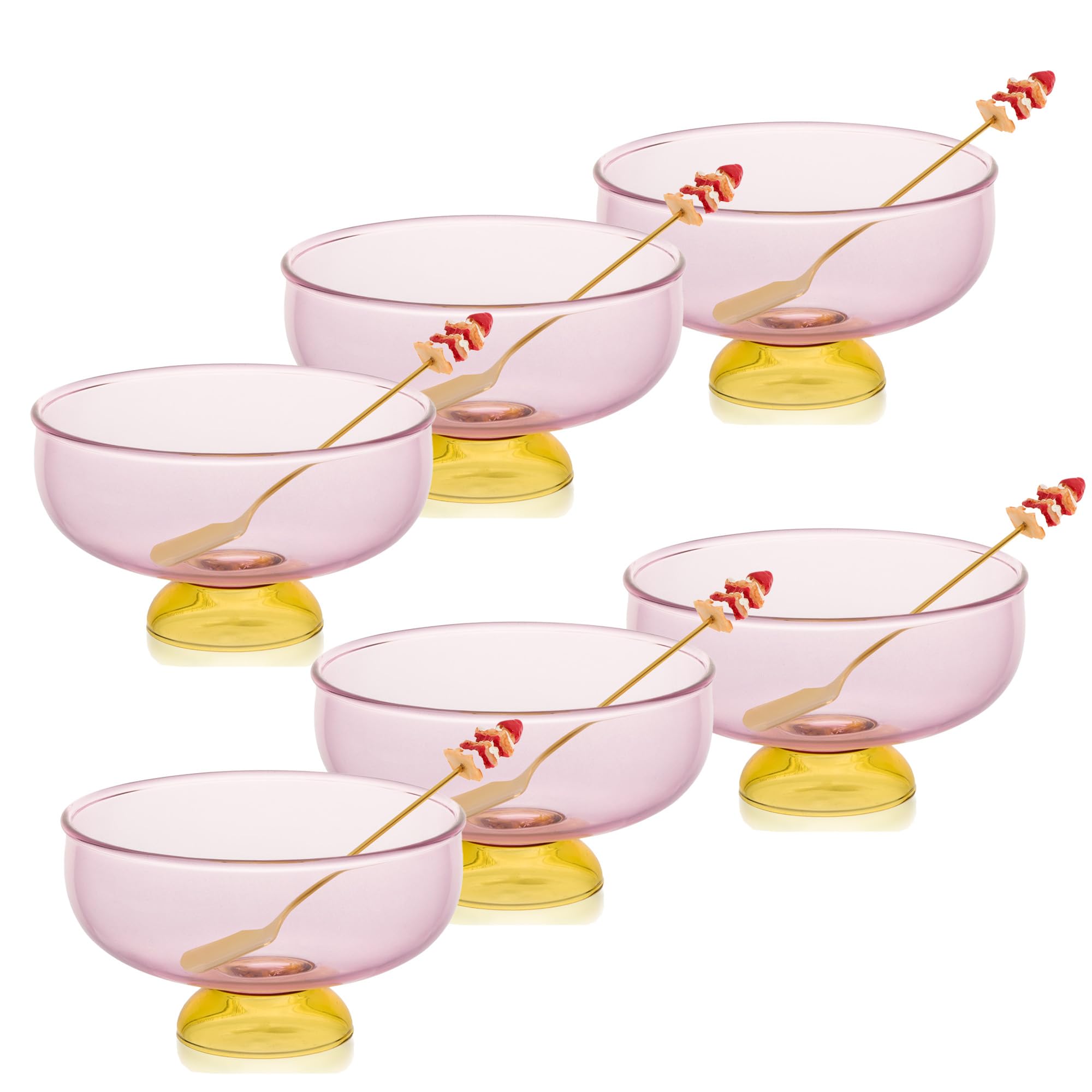 SERdeerCH Pink Glass Dessert Bowls Set of 2 Ice Cream Bowl with 2 Gold-Plated Spoons Decorative Microwave Safe for Fruit,Snack,Candy Glass Bowl Set
