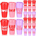Ferrochef 24pcs Valentine Day Conversation Coffee Cups Mugs Gift Bulk 16oz Galentine Day Reusable Plastic Tumbler with Lids for Women Galentine Party Supplies Hot Cold Drinks (Love Lettering)