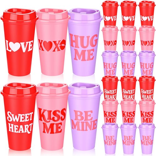 Ferrochef 24pcs Valentine Day Conversation Coffee Cups Mugs Gift Bulk 16oz Galentine Day Reusable Plastic Tumbler with Lids for Women Galentine Party Supplies Hot Cold Drinks (Love Lettering)