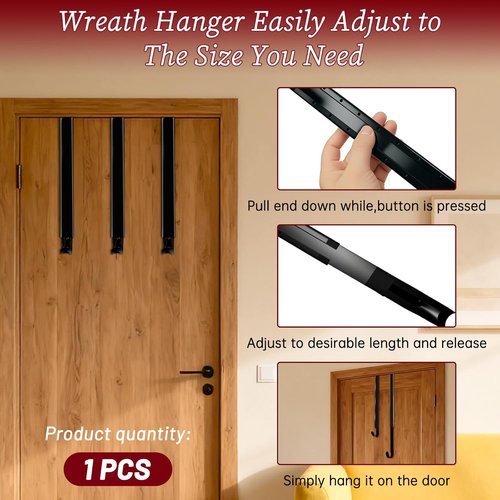 DZZ Adjustable Black Wreath Hanger - 15 to 25 Inch Door Hook for Christmas Decor | 20 lb Capacity