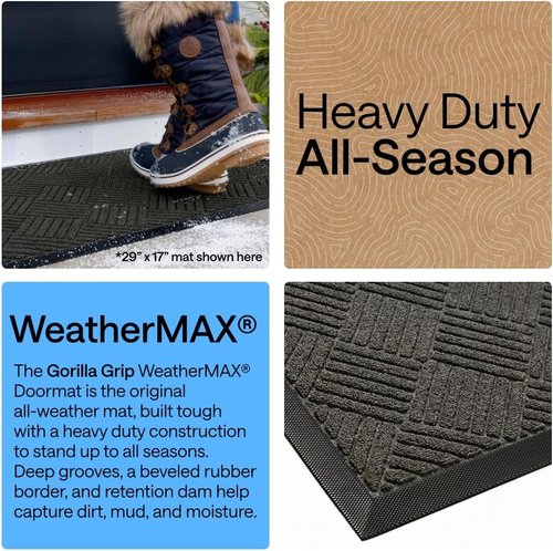 GORILLA GRIP 100% Waterproof Doormat - All-Season WeatherMAX, Stain & Fade Resistant, 29x17 Gray Diamond