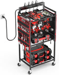 JUNNUJ Power Tool Organizer Cart - Heavy-Duty Rolling Storage with 8 Outlets & 3 USB Ports | Large Utility Rack
