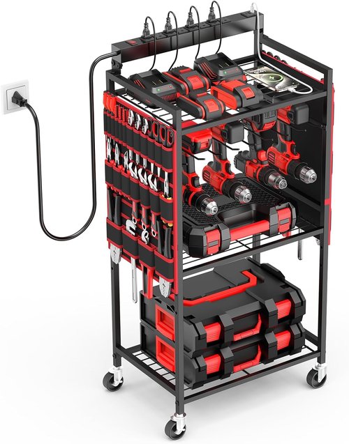 JUNNUJ Power Tool Organizer Cart - Heavy-Duty Rolling Storage with 8 Outlets & 3 USB Ports | Large Utility Rack