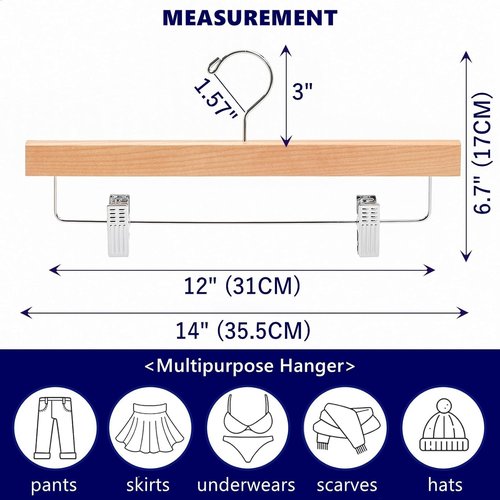 Amber Home Wooden Pants Hangers - 24 Pack Natural Wood Clips for Jeans, Slacks & Shorts