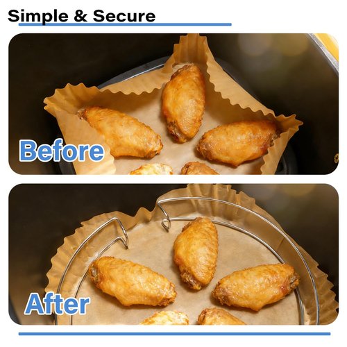 Air Fryer Liners Clip to Keep Disposable Paper Liner in Place – Prevent Parchment Paper Curling & Burning |Food Grade 304 Stainless Steel| Heat Resistant| Fit 5QT 6QT Air Fryer – 1 Pack