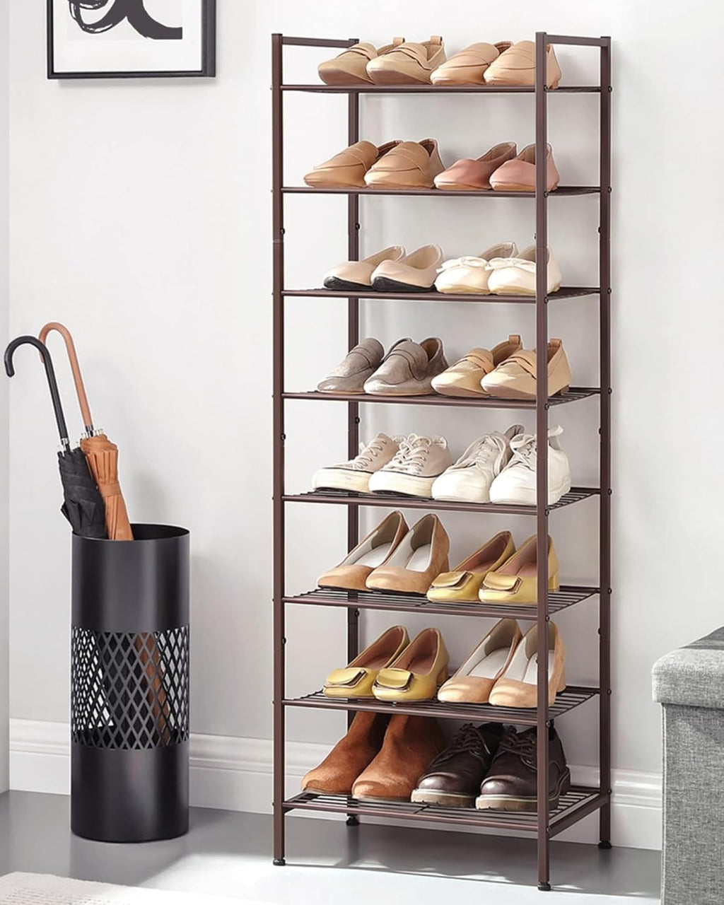 SONGMICS Narrow Shoe Rack - Sturdy 8-Tier Metal Storage Organizer for Small Spaces | Bronze, 12"D x 17.6"W x 50.6"H