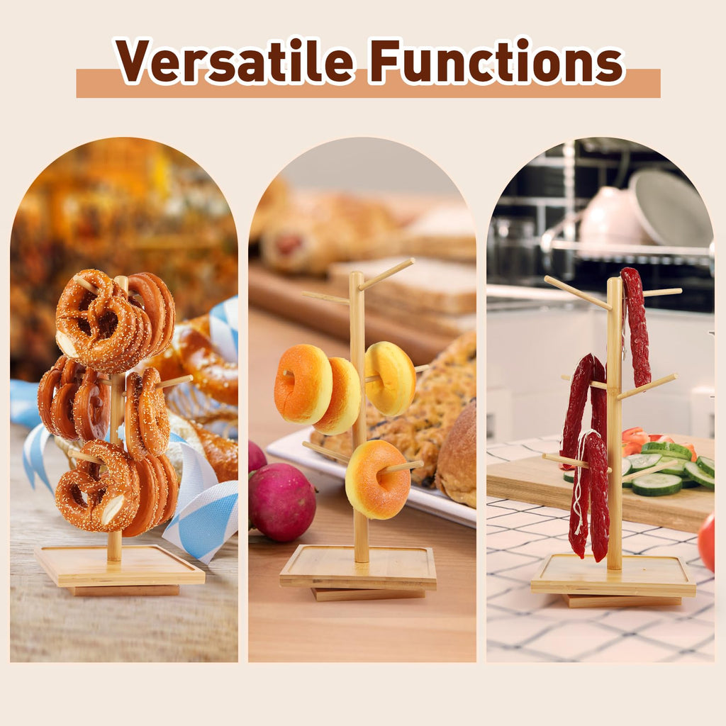avvkfcmn Rotating Pretzel Holder Stand, Wooden Tree-Shaped Pretzel Stand for Pretzels, Donuts, Bagels, and Sausages, Ideal for Oktoberfest, Parties, and Bakeries (7.68" x 7.68" x 16.5")