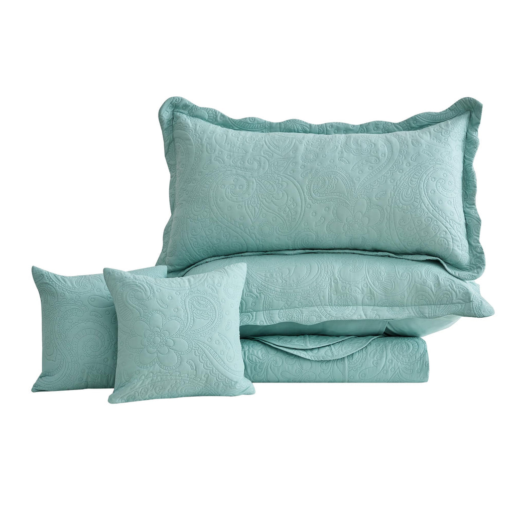 Blythease Oversized King Bedspread, Embossed Paisley Quilt Set King/Cal King, Lightweight Reversible Coverlet, Scalloped Edge - Fresh Classic Look, 5 Piece, Seaglass